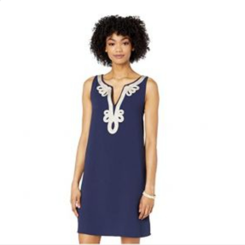Lands End Blue V-Neck Dress with piping applique on collar